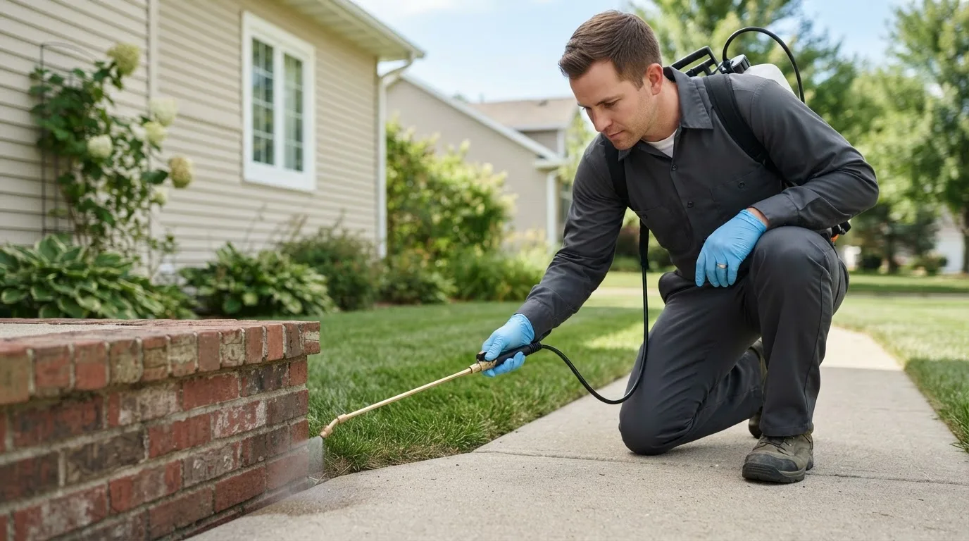 Pest control technician treating a home near Schiller Park, IL